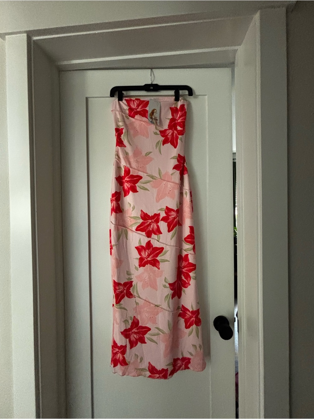 Strapless Pink Maxi Dress with Red Floral Print